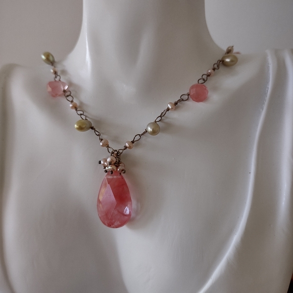 Cherry Quartz Freshwater Pearl Necklace - Picture 5 of 8
